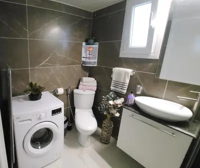 a bathroom with a toilet and a sink and a washing machine at Luxurious Orestis in Limassol