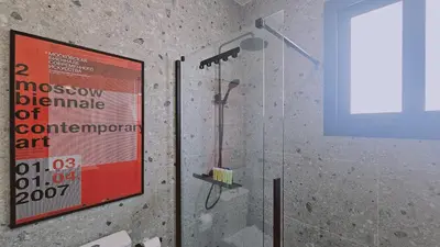 a bathroom with a shower with a sign on the wall at STAY Lima Soul Apartment in Limassol