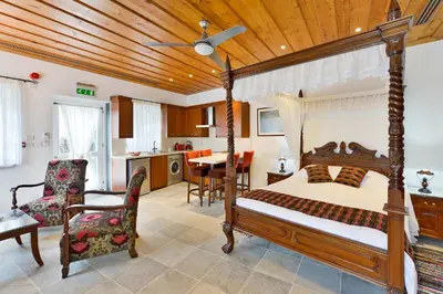 a bedroom with a bed with a wooden ceiling at Vasilikis House in Kalopanayiotis