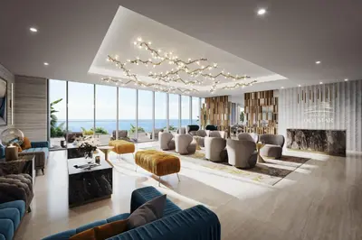 a living room with couches and a fireplace at Del Mar 2 Bedroom Deluxe Seaside 'A' Residence in Limassol