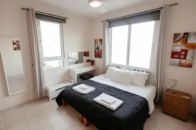 a bedroom with a large bed with two windows at Leah's Deluxe Villa in Tersephanou