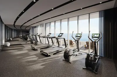 a gym with a row of treadmills at Del Mar 2 Luxe Bedroom 'C' Highrise Residence in Limassol