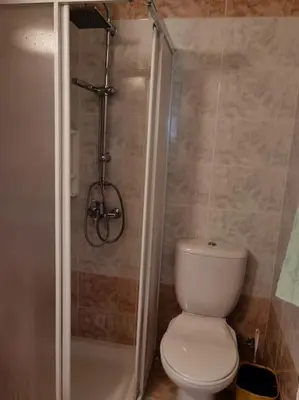 a small bathroom with a toilet and a shower at Lovely house apartment Oroklini in Voroklini