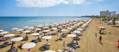 a beach with many umbrellas and people on the sand at Marina view seaside apartment in Larnaka
