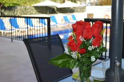 a vase filled with red roses sitting on a table at Ayia Napa Marina Luxury Villas - Diamond in Ayia Napa
