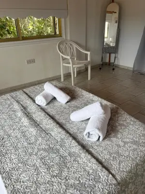 two towels on a bed with a chair and a mirror at Erini Villa in Protaras