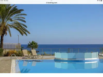 a swimming pool with a palm tree and the ocean at Luxary Vacation by the Sea Protaras in Protaras