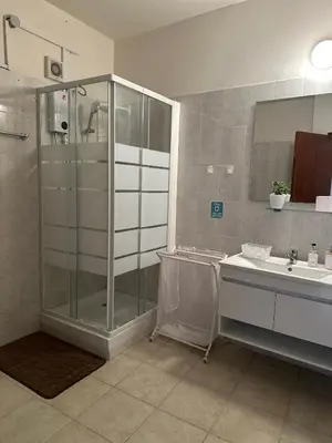 a bathroom with a shower and a sink at Loucy’s Art Home in Mandria