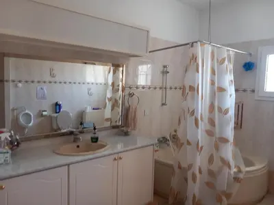 a bathroom with a sink and a shower curtain at Vasilis family room in Mor Menekshe