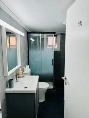 a bathroom with a sink and a toilet and a shower at Tower Court rooms in Larnaka