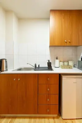 a kitchen with wooden cabinets and a sink at Spacious studio located in the pedestrian zone in Nicosia