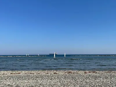 a beach with a body of water with boats in it at Seascape apartment in Larnaka