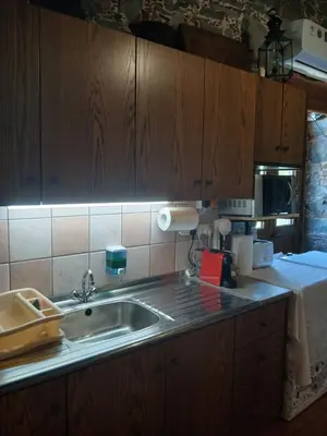 a kitchen with a sink and wooden cabinets at George's House in Askas