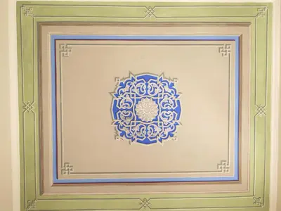 a painting of a blue and white mandala on a wall at Amyth of Nicosia in Nicosia