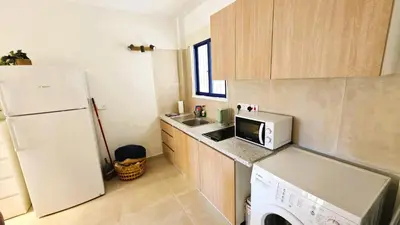 a small kitchen with a white refrigerator and a dishwasher at Boho Greek Haven with Orange Grove Views Near Beach in Larnaka