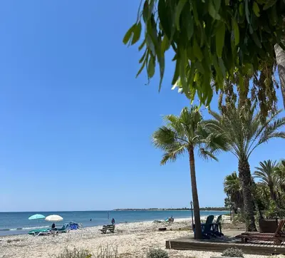 a beach with palm trees and people on the beach at Yialos Village by Cybarco in Larnaka