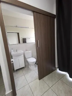 a bathroom with a toilet and a wooden door at Freminore Eden Studio in Ayia Napa