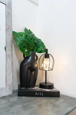 a lamp and a vase with a plant on a table at Heart Of Nicosia - The Gem in Nicosia