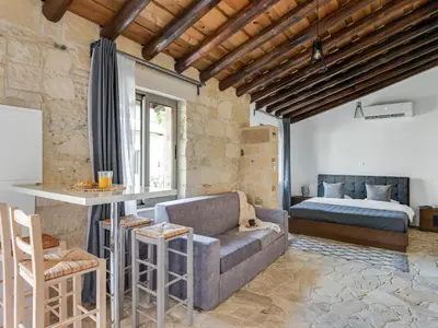 a living room with a couch and a bed at Andre Marie Stonewood Retreat in Limassol