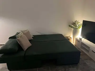 a living room with a green couch and a tv at The Aqua Marine Flat in Iskele