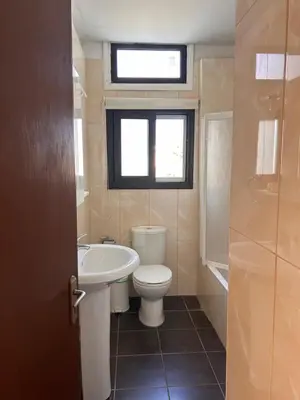 a bathroom with a toilet and a sink and a window at Bougainvillea in Nicosia