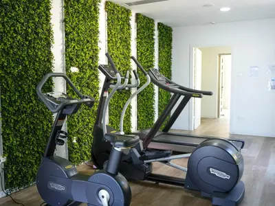 a gym with two exercise bikes in front of a green wall at Aqua House Valentino in Limassol