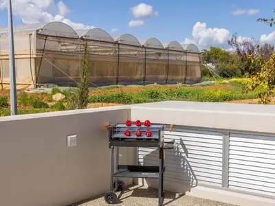 a grill with red balls on it next to a wall at Mythical Blue Apartment 004 in Protaras