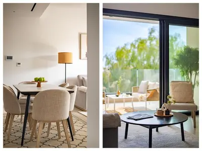 two views of a living room and a dining room at Sanders Breeze Limassol in Limassol