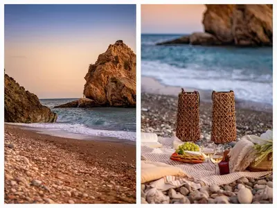 two pictures of a picnic on the beach at Sanders Breeze Limassol in Limassol