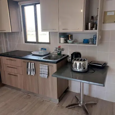 a small kitchen with a sink and a counter at Danit apartmnt by the sea in Zygi