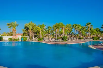 a large swimming pool with palm trees in the background at Tsokkos Gardens Hotel in Protaras