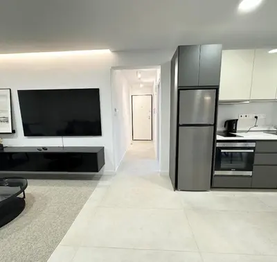 a kitchen with a black refrigerator and a television at Melia Suites in Limassol