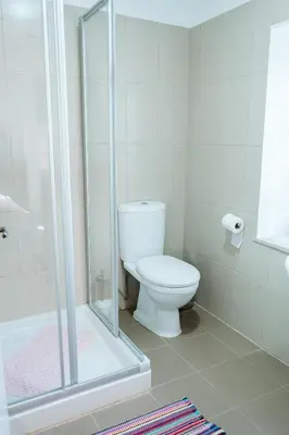 a bathroom with a toilet and a shower at Ariadni Cottage in Vasa