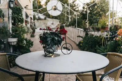 a white table with a vase with red flowers on it at Kyperounta Retreat in Kyperounda
