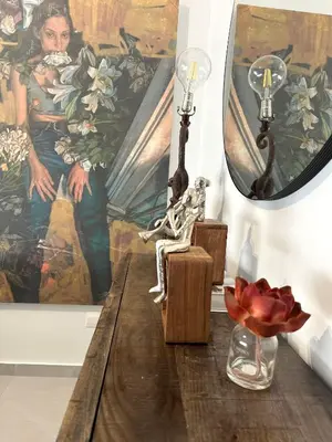 a table with a mirror and a skeleton sitting on it at -Mari- Cozy Stay at Engomi Near UNIC in Nicosia