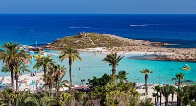 a beach with palm trees and people in the water at Ayia Napa Apartment in Ayia Napa