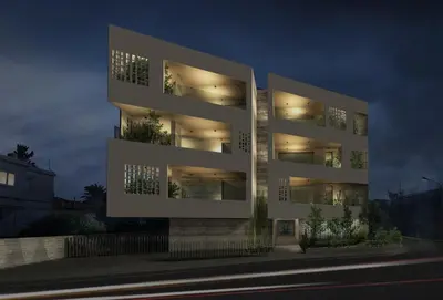 a rendering of a apartment building at night at Interlace by Holistays in Engomi