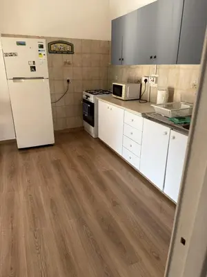 a kitchen with white cabinets and a white refrigerator at D Pitsillos Homes luxury in Larnaka