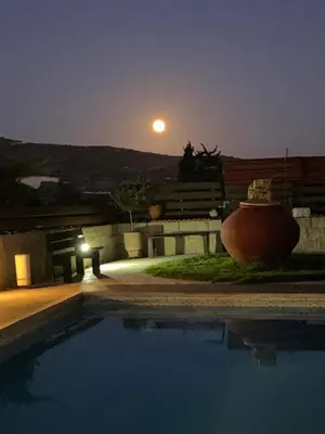 a swimming pool at night with the moon in the background at Softades Cottage in Omodos