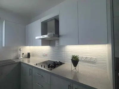 a kitchen with white cabinets and a plant on the counter at Elegant 2BR Apartment- La Vie Royale in Nicosia