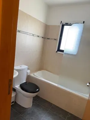 a bathroom with a toilet and a bath tub with a window at Green valley Tersefanou in Tersephanou