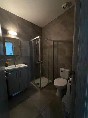 a bathroom with a shower and a toilet and a sink at Oroklini's Flat in Larnaka