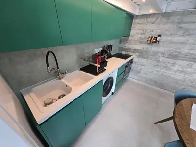 a kitchen with a sink and a washing machine at Green Leaf - Old City Suite in Limassol
