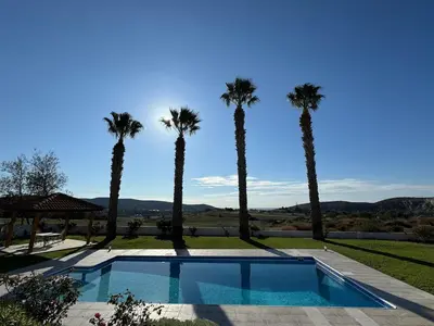a swimming pool with palm trees in the background at White Cove Villa, Limassol in Pyrgos