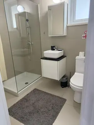 a bathroom with a shower and a sink and a toilet at Dene Hollow Ayia Napa 2 in Ayia Napa