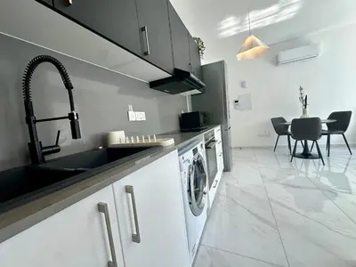 a kitchen with a sink and a washing machine at New 1 bedroom flat in Aglatzia in Aglantzia