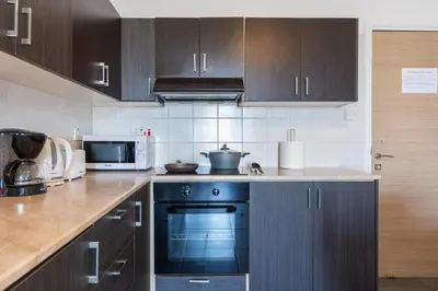 a kitchen with a black oven and a microwave at Olympus 2-Bedroom Apartment in Larnaka