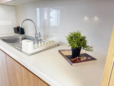 a kitchen counter with a sink and a potted plant at Wealthystays Premium Residence in Nicosia