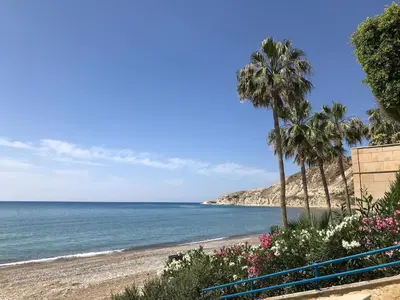a beach with palm trees and the ocean at The Bay Villa in Pissouri