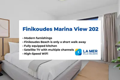 a poster of a bedroom with a bed and a window at Finikoudes Marina View 202 in Larnaka